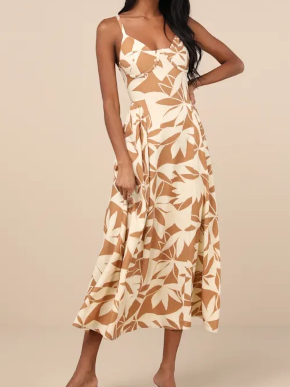 Lulus Veris Cream and Tan Floral Bustier Midi Dress Size XL